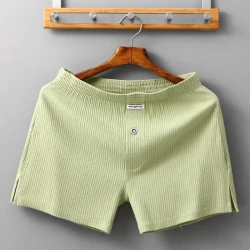 Men's Home Cotton Breathable Comfortable Sports Shorts Solid Color Vertical Pattern Large Size Men's Underwear Light Green
