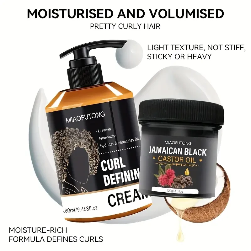 MIAOFUTONG Curl Define Leave-In Conditioner & Jamaican Black Castor Oil Set