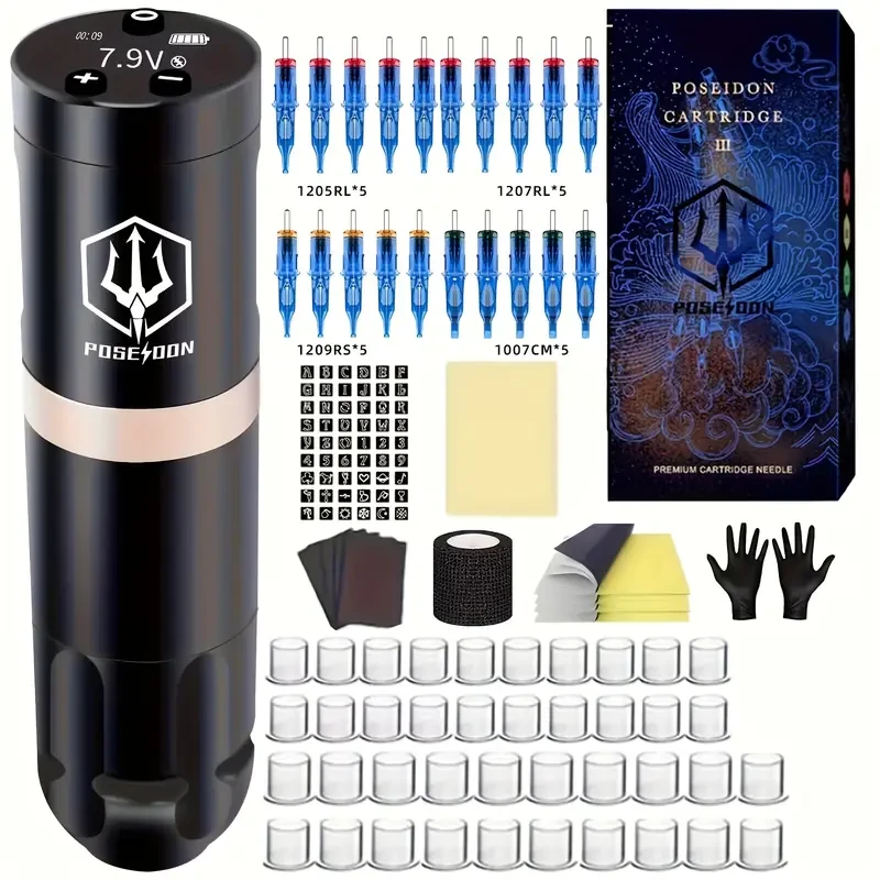 POSEIDON Rotary Wireless Tattoo Pen Kit with USB Power Supply