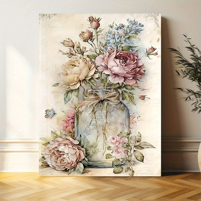 1pc Rustic Floral Canvas Art Print, "Bottle of Flowers" Frameless Wall Decor, 12x16 inches, Creative Artwork for Home, Bedroom, Kitchen, Living Room, Bathroom, Office,