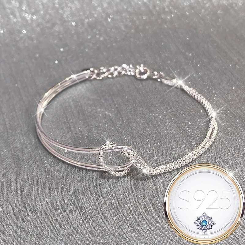 925 Pure Silvery Double Layer Knot Splicing Bracelet for Women - Minimalist Style Rope Knot Half Bracelet, Simple & Elegant Design