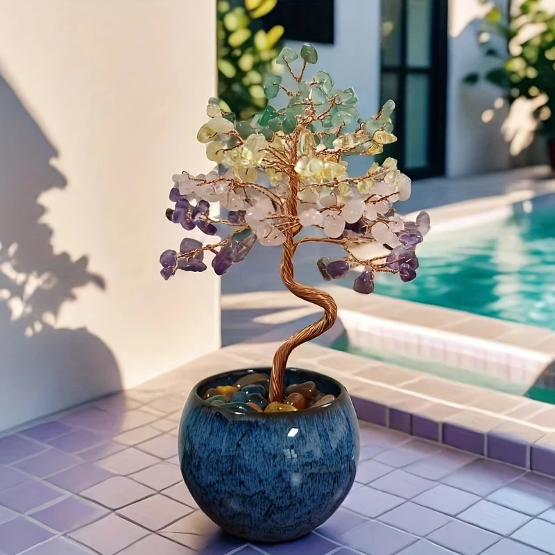 Elegant Pink Quartz, Aquamarine, Amethyst, Citrine Crystal Tree with Ceramic Base  Colorful Faux Gemstone Desktop Ornament, Ideal for Mothers Day or Birthday Gift