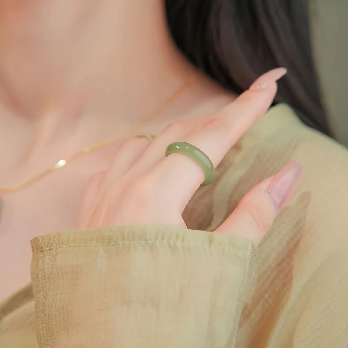 Elegant Green Jade Ring for Women - Delicate Thin Band, Natural Imitation Jade, Fashionable Best Friend & Couple Jewelry, Ideal for Lunar New Year/Easter/Valentine's Gifts