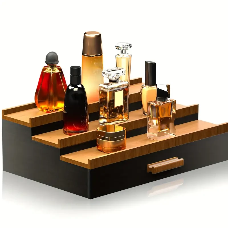 3-Tier Black Walnut Wooden Cologne Organizer with Drawer