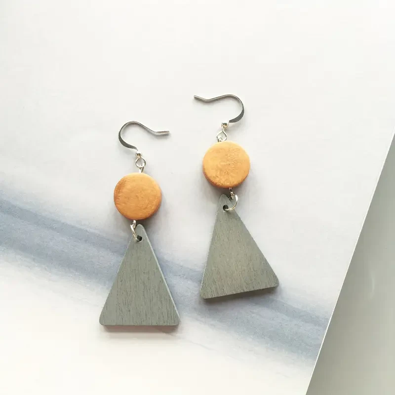 6 Pairs of Wooden Drop Earrings with Simple Geometry Pendant Design