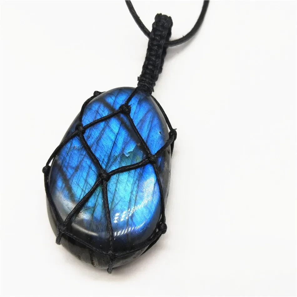 Moonstone Labradorite Rough Stone Woven Pendant Necklace