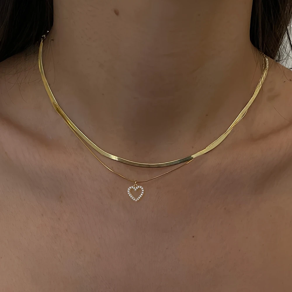 Nooxian 2-Piece Set  Elegant Luxurious Heart Pendant Necklace, 18K Golden Plated, Synthetic Cubic Zirconia, 304 Stainless Steel, Perfect for Valentine's Day