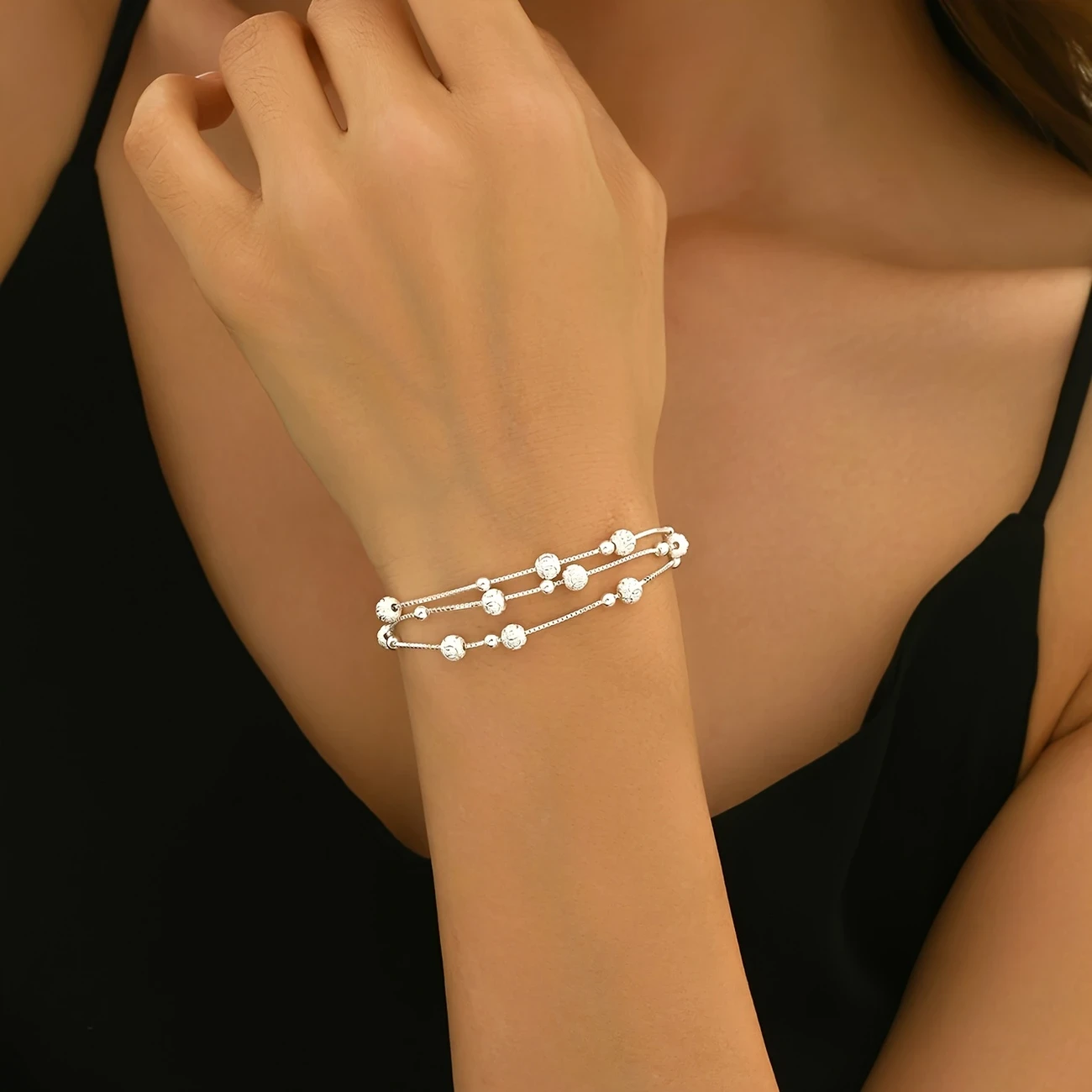 Fashionable and Versatile S925 Silver Bead Tennis Chain Multi-layered Wristband Gift  Total Weight 4.65G