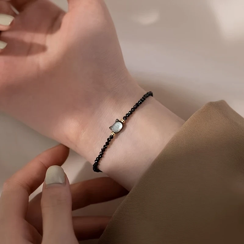 Adjustable Black Cat Charm Bracelet for Women Cute Boho Style with Spinel Beads, Perfect for Valentine's Day or Birthday Gift, Daily Wear Jewelry