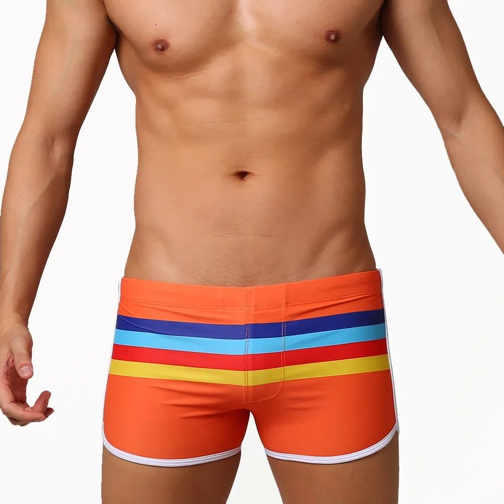 Men's New Sports Open Colorful Stripes Flat Sports Shorts Orange