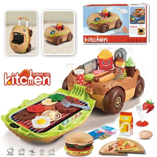 Large European And American Children Play House Kitchen Toy Hamburger Barbecue Cooking Kitchenware Tableware Sales Pushcart