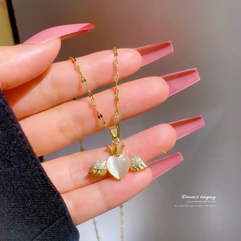 Light Luxury Micro-inlaid Opal Angel Heart Necklace