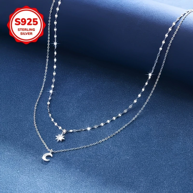 Stylish S925 Pure Silvery Double Layer Necklace  Star and Moon Pendant with Hypoallergenic Synthetic Zirconia, Perfect for Daily Wear and Gift Giving