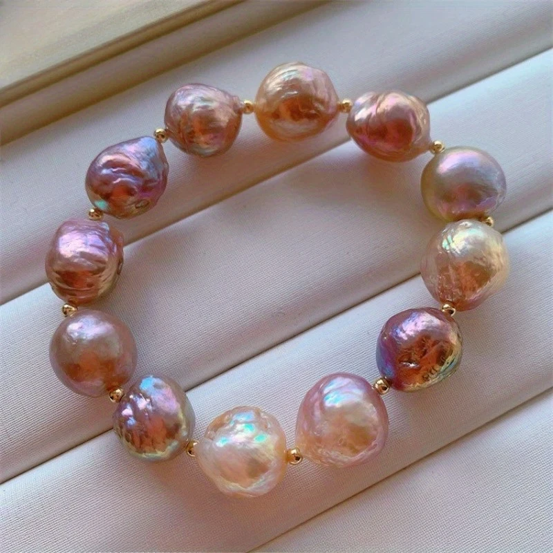 Natural Freshwater Edison Pearls Bracelet  Hand-Selected Iridescent Candy-Colored 9-12mm Round Freshwater Pearls with Golden-Tone Spacers, Luxury Jewelry for Casual Attire & Gifts