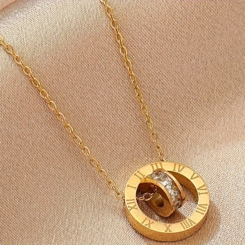 Elegant Golden-Tone Stainless Steel Roman Numeral Pendant Necklace with Sparkling Rhinestone Accents  Perfect for Couples, Daily Wear & Special Occasions