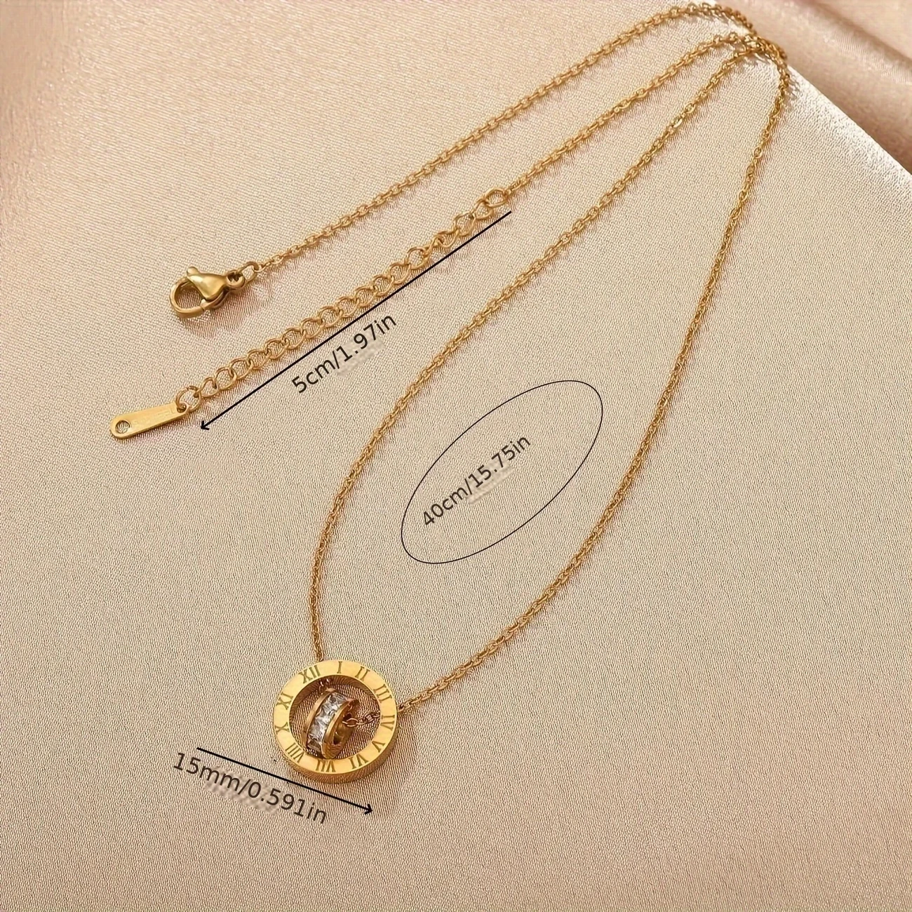 Elegant Golden-Tone Stainless Steel Roman Numeral Pendant Necklace with Sparkling Rhinestone Accents  Perfect for Couples, Daily Wear & Special Occasions