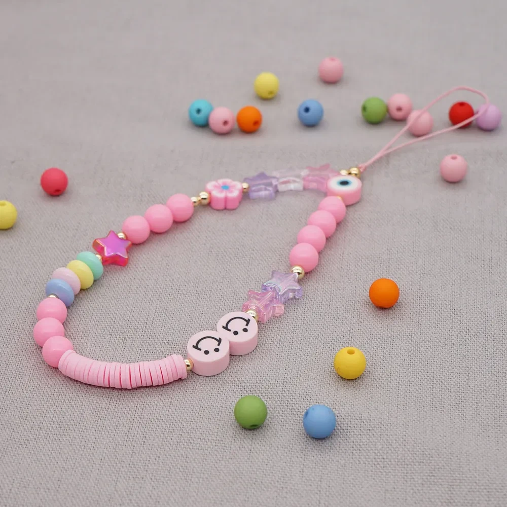 Smiley Soft Ceramic Mobile Phone Rope Hanging Jewelry Five-pointed Star Beaded Mobile Phone Chain Female