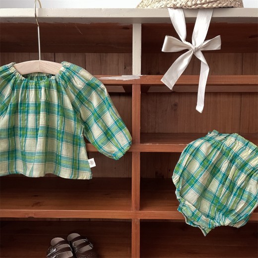 Spring And Autumn Baby Green Plaid Long Sleeve Shorts Suit
