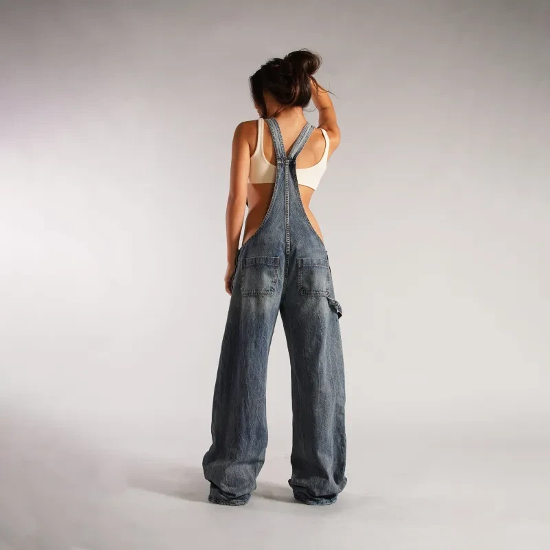 Y2K Denim Overalls With Pockets Fashion Loose Jumpsuit Streetwear Zipper Jeans Pants