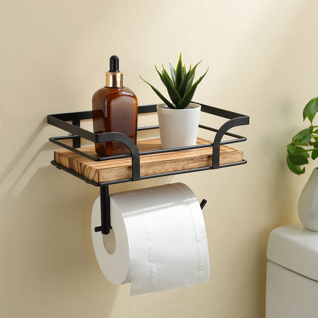 Rustic Wood & Black Metal Bathroom Shelf