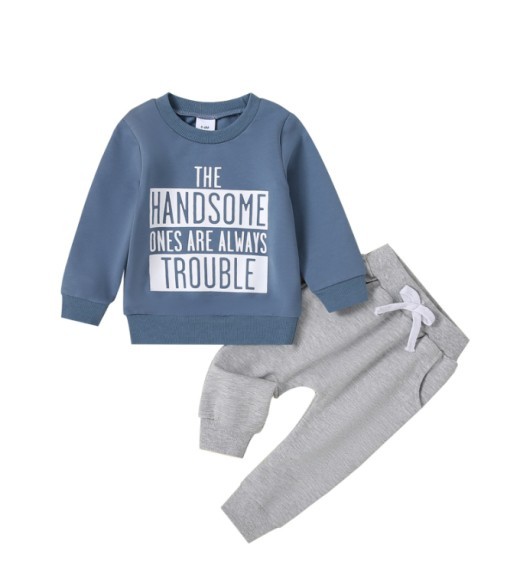 Casual Round Neck Letter Print Sweater Trousers Suit