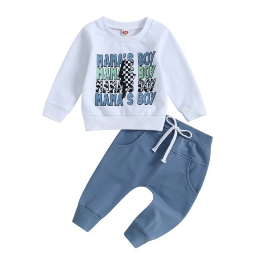 Casual Boy Letter Floral Print Long Sleeve Pullover Trousers Suit