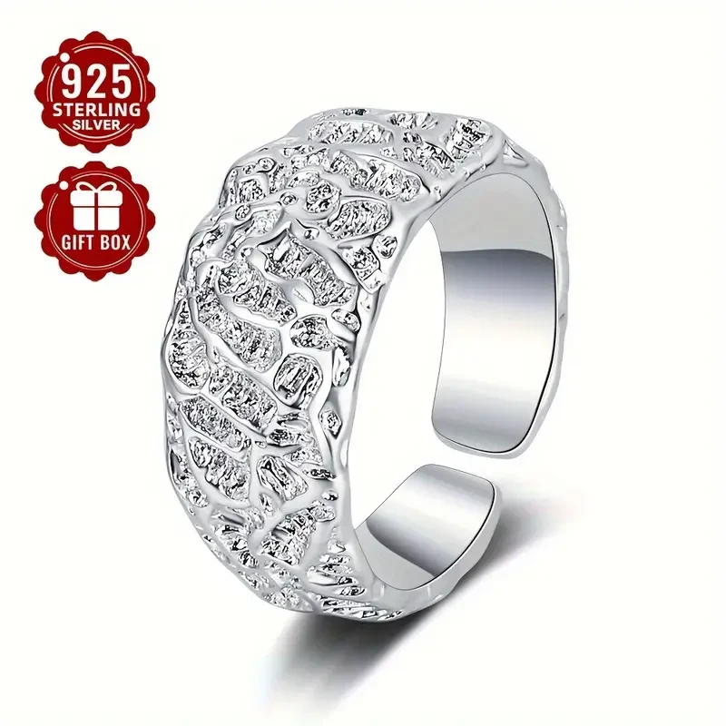 1pc Women's Fashion Wide Band Ring  S925 Sterling Silver Textured Open Adjustable Ring, Perfect for Party Wear, Ideal Thanksgiving Gift