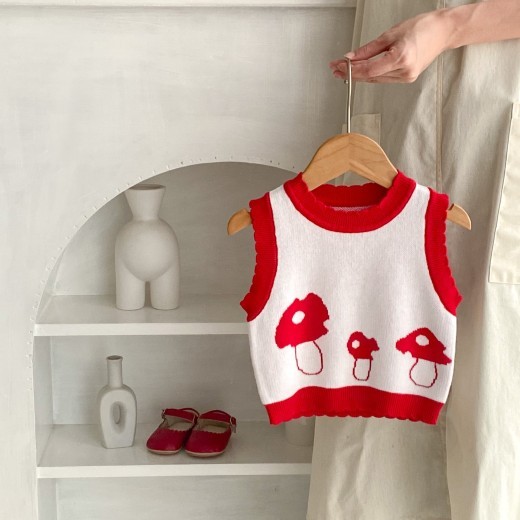 Children's Cotton Knitted Vest Mushroom Jacquard Top