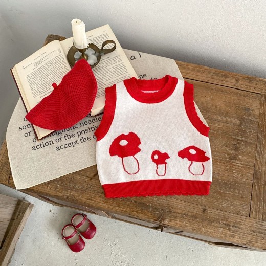 Children's Cotton Knitted Vest Mushroom Jacquard Top