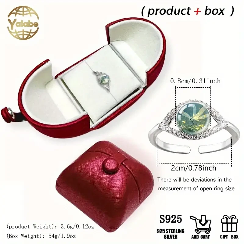 Yalabe Elegant 925 Sterling Silver Ring with Glass Firefly Design, Adjustable Open Band for Men and Women  Perfect for Daily Wear