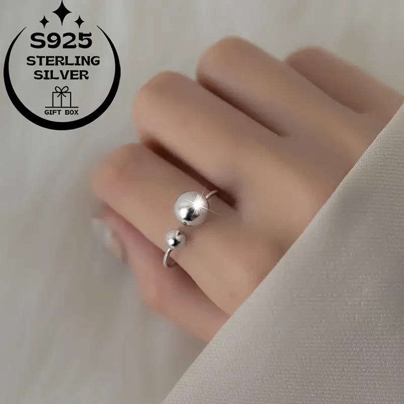 925 Silver Simple Sweet Polished Large Bead Women's Ring, Adjustable Opening Perfect for Everyday and Party Wear