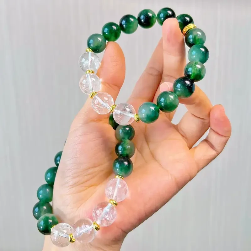 Vintage Moss Agate & White Crystal Beaded Bracelet  Handcrafted, Elegant Design with Clear Vein Patterns