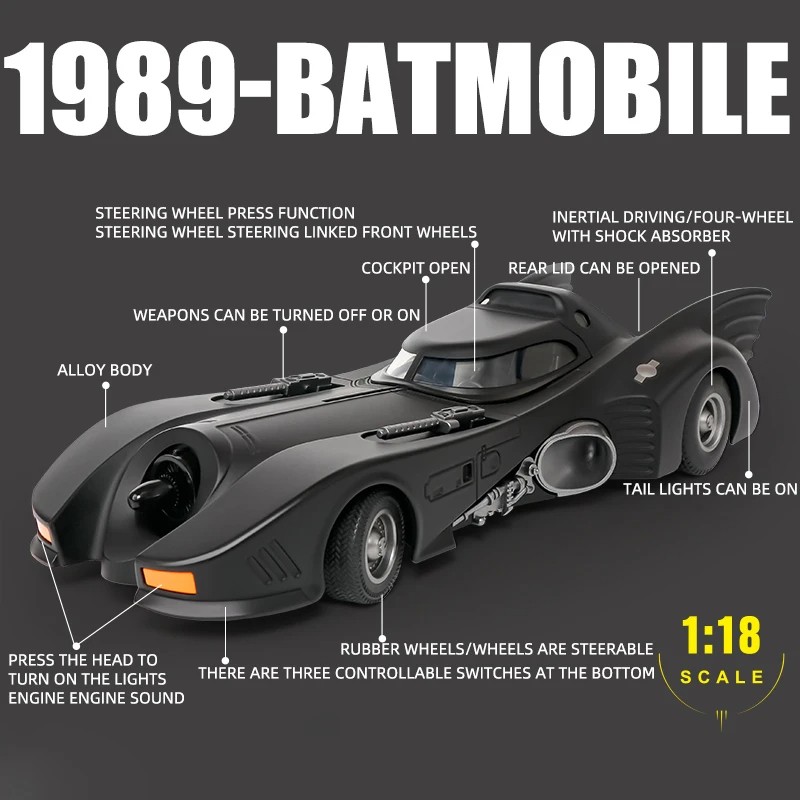 Large 1:18 1989 Batmobile Classic Tank Alloy Metal Diecast Model Car with Sound & Light