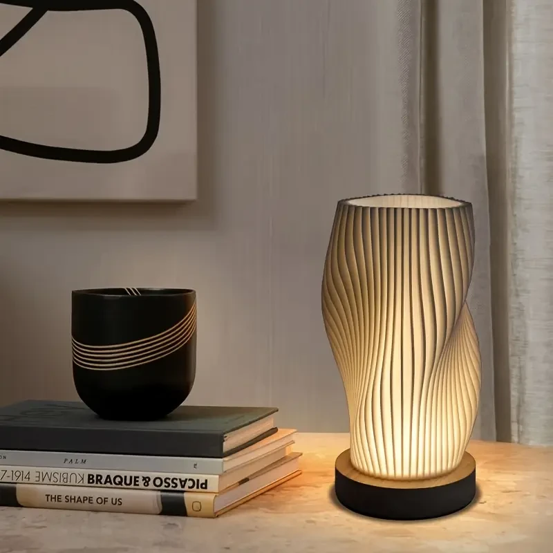 Modern LED Art Table Lamp with Wooden Base  USB Powered, Adjustable Brightness & Artistic 3D Printed Shade for Bedroom & Living Room Dcor