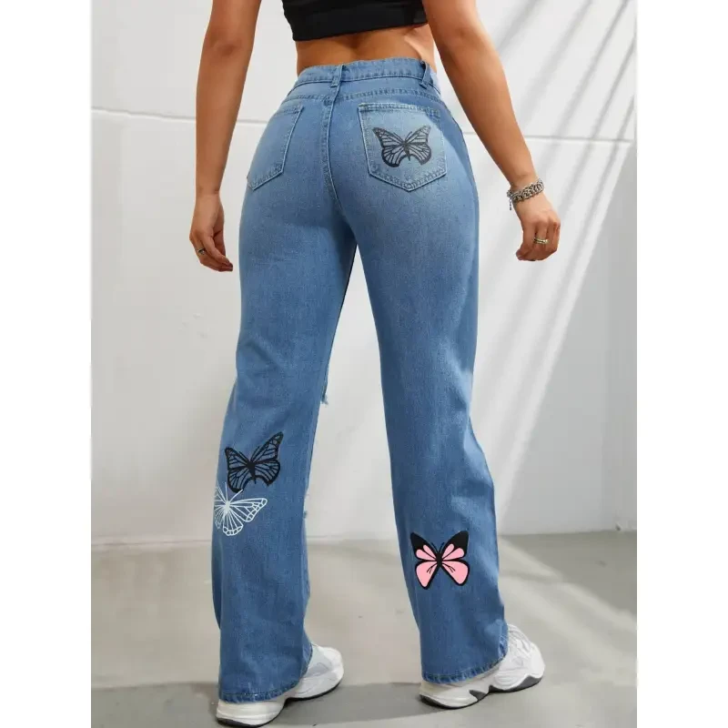 High Waisted Straight Leg Jeans For Women Trendy Butterfly Print Ripped Distressed Denim Pants