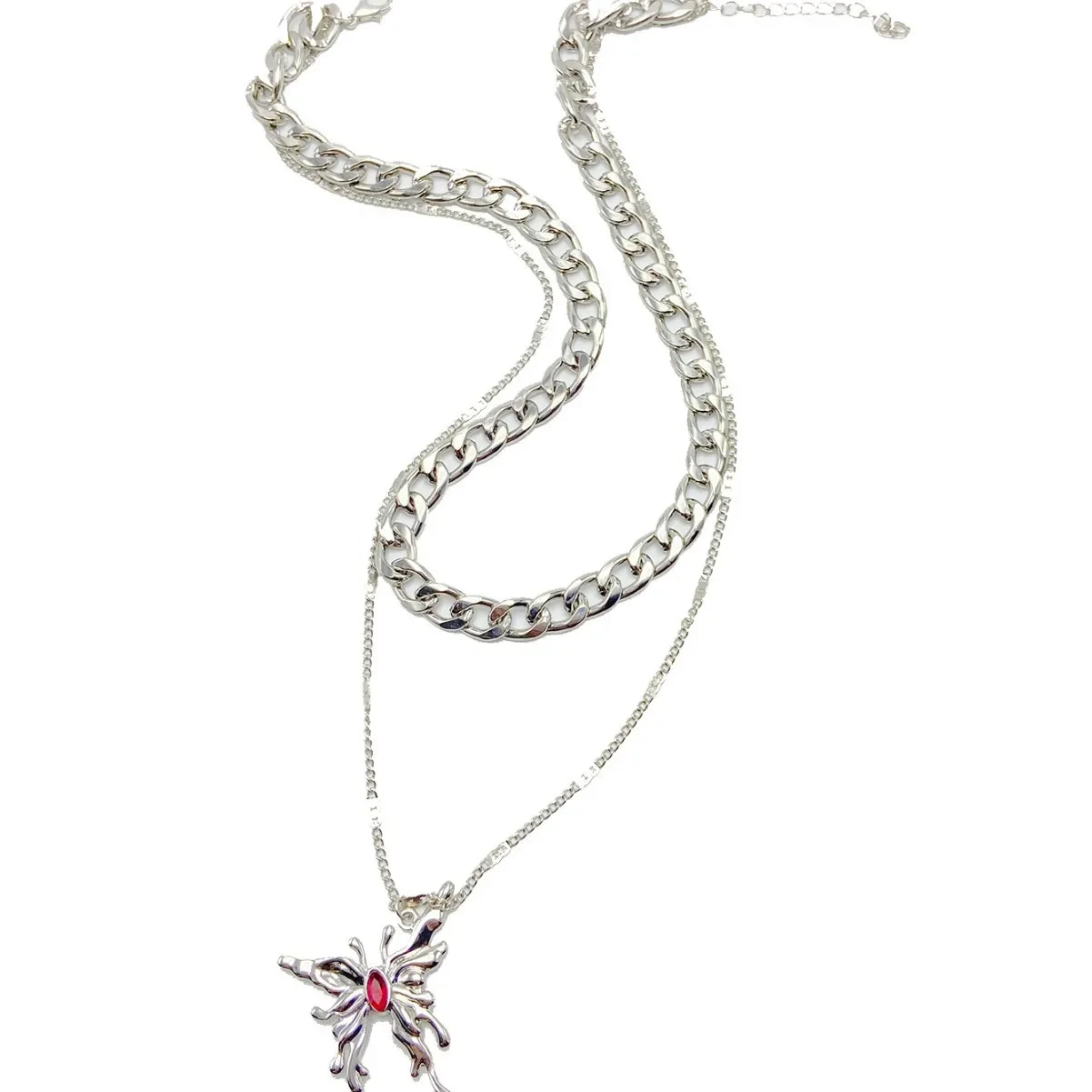 Simple Red Gemstone Butterfly Pendant Multi-layer Necklace