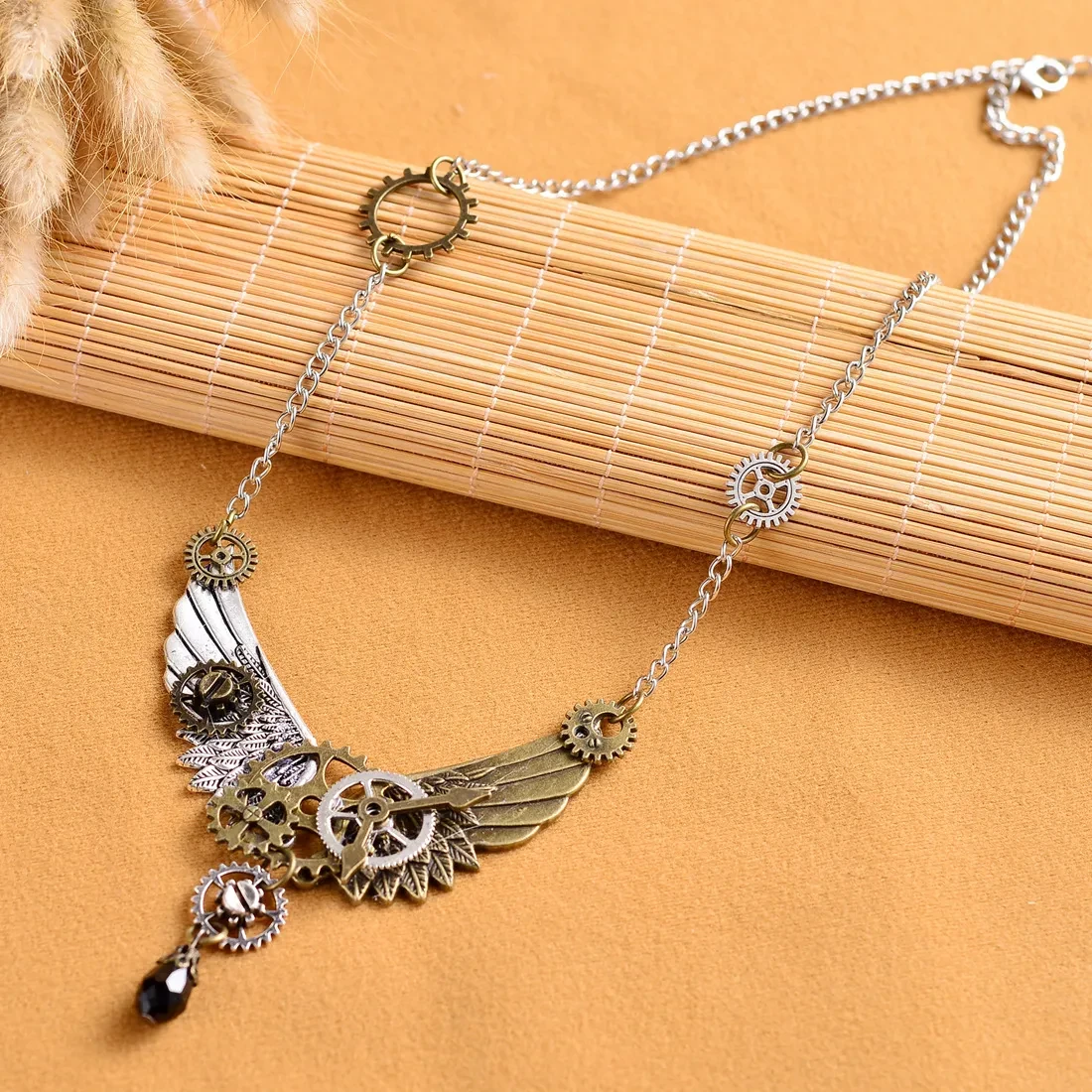 Fashion Retro Steampunk Gear Wing Pendant Necklace