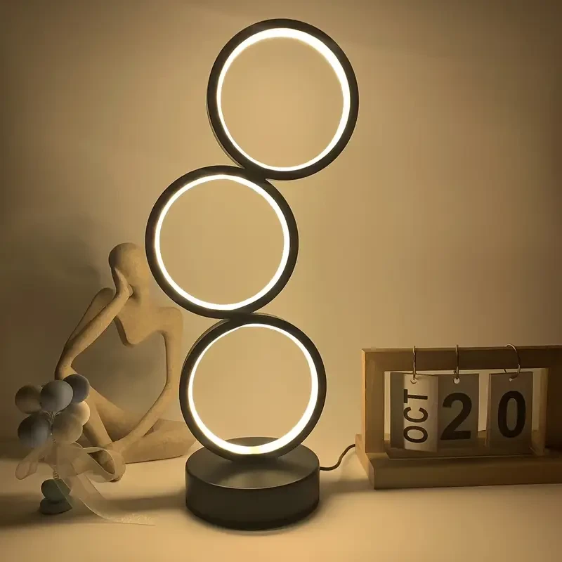 1pc Modern Art Deco LED Ring Desk Lamp Stylish & Minimalist Design with Triple Circular Light, Adjustable Brightness, USB Powered, Ideal for Bedroom, Living Room, or Office, Perfect for Home Decor