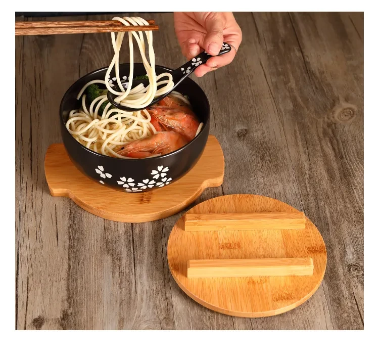 Ceramic Noodle Rice Bowl with Cover Japanese Style Soup Bowl Dinnerware