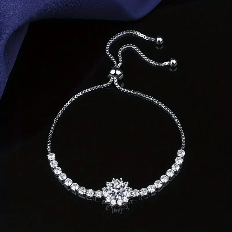Elegant Moissanite Sunflower Adjustable Bracelet  Luxury Silver-Plated with 2 Carat Center Stone & Moissanite Accents, Ideal for Halloween & Daily Wear