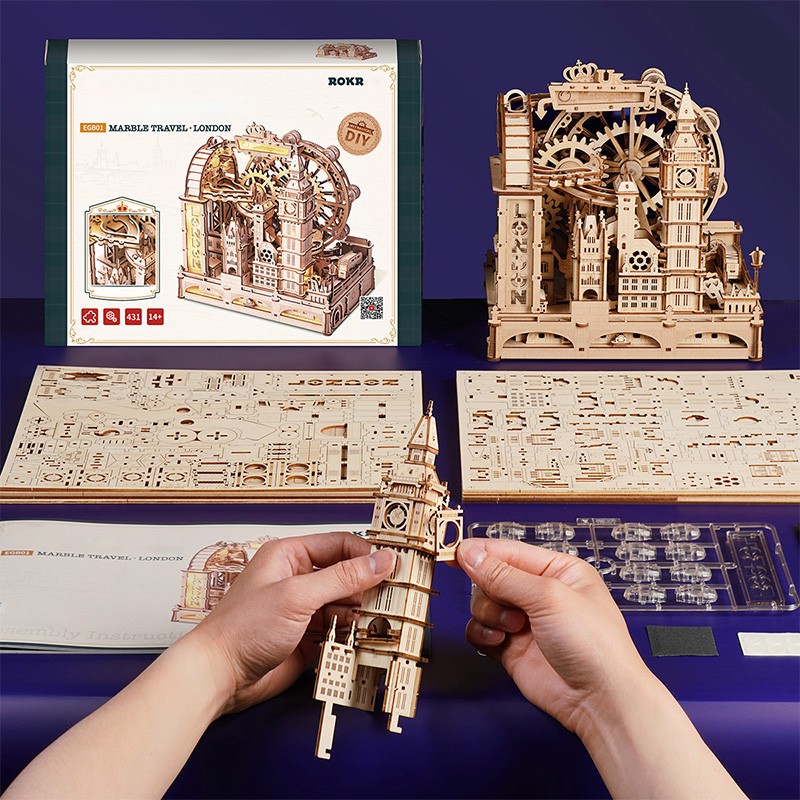 ROBOTIME 3D Wooden Puzzle London City Mechanical Model With Marble Run & LED Lights, DIY Decorative Kit For Adults & Teens