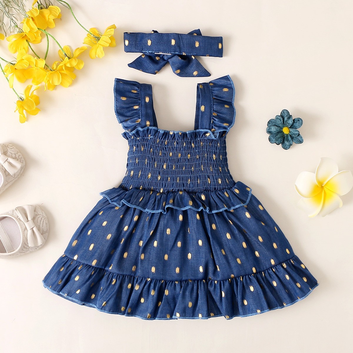 Polka Dot Smocking Suspender Skirt Headscarf