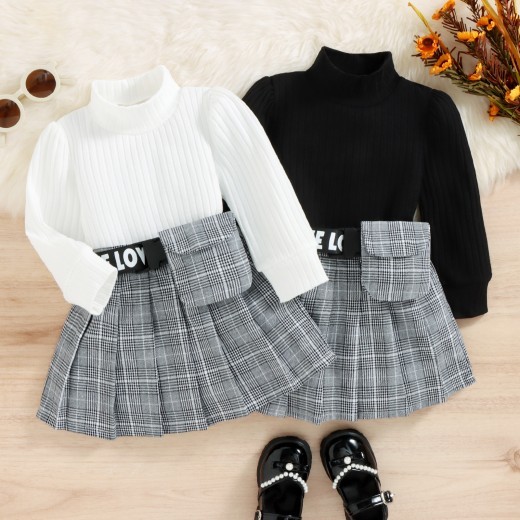 Korean Style Children Autumn Winter Cotton Sunken Stripe Turtleneck Top Plaid Suit
