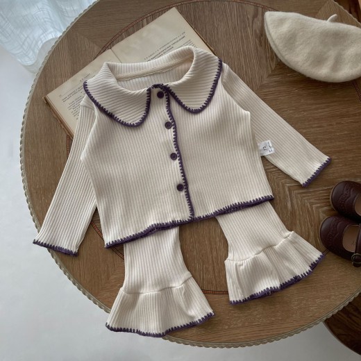 Infant Small Shell Knitted Split Suit Cardigan Bell-bottom Pants Two-piece Set