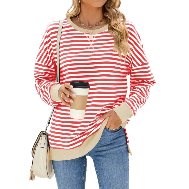 Mixed Color Striped Printed Split Design Long Sleeve T-Shirt Women's Clothing