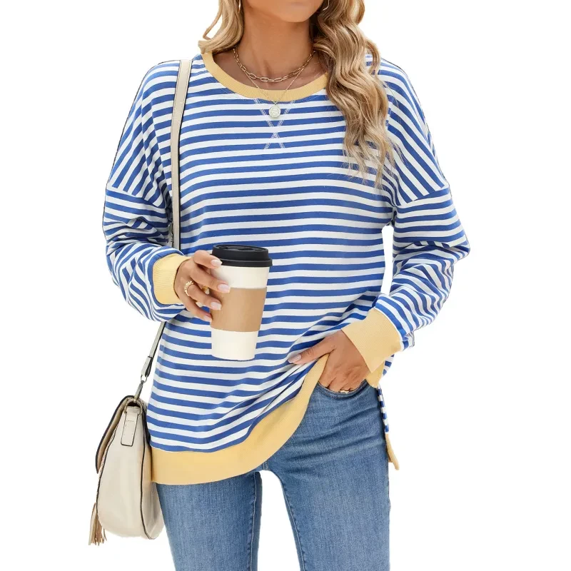Mixed Color Striped Printed Split Design Long Sleeve T-Shirt Women's Clothing