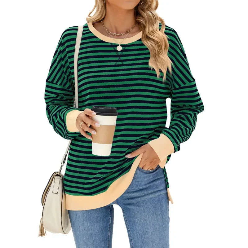 Mixed Color Striped Printed Split Design Long Sleeve T-Shirt Women's Clothing