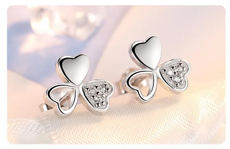 925 Silver Lucky Clover Zircon Stud Earrings Flower Cute