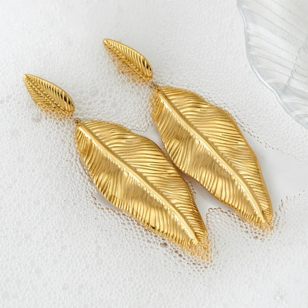 Stainless Steel Leaf Pendant Metal Leaf Texture Earrings