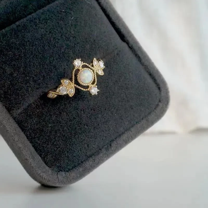 Inlaid Natural Opal Stone Ring Female Copper Plating Gold Ring